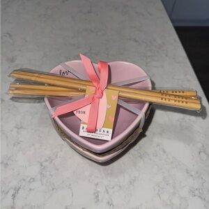New Rae Dunn Pink Heart Bowls with Chopsticks
